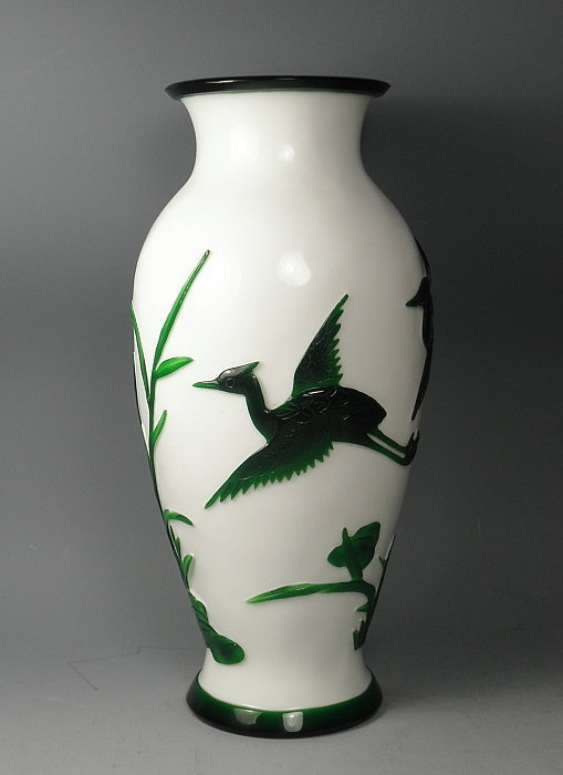 Old Green and White Peking Glass Vase with Cranes