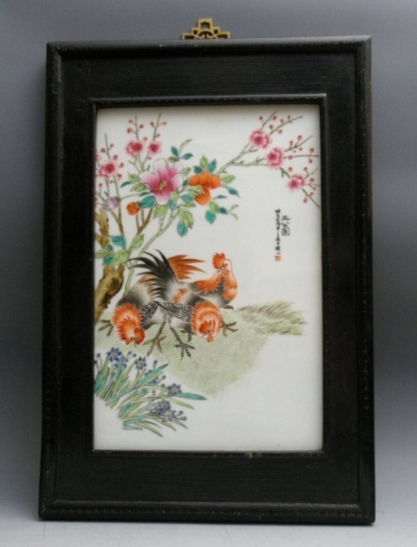 Chinese Porcelain Rooster Chicken Plaque Painting