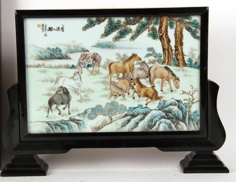 Chinese Porcelain Plaque Table Screen with 8 Horses