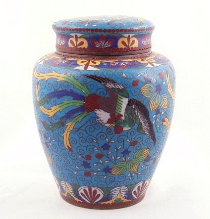 Chinese Cloisonne Tea Caddy Jar with Roosters, 19th C