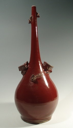 Tall Japanese Awaji Porcelain Ikebana Oxblood Red Vase