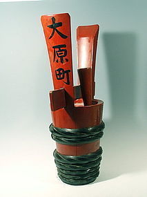 Japanese Red Wood Tsuno-daru Saki Keg Cask with Horns, Meiji Era