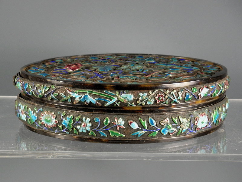 RARE Oval Chinese Tortoise Shell and Enamel Box, Qing