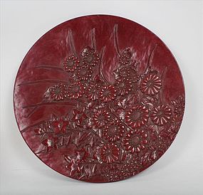 Large Japanese Carved Kamakura Bori Wood Red  Lacquer Charger