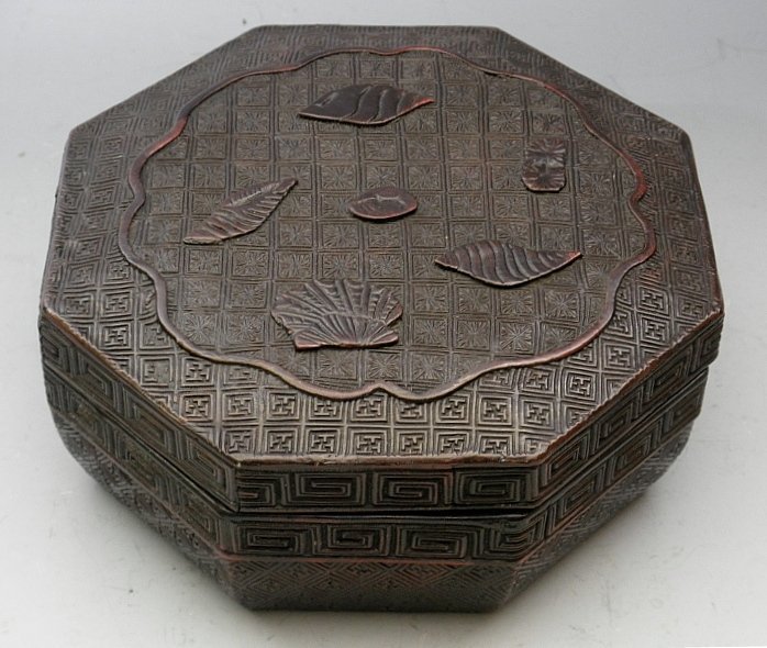 Japanese Carved Octagonal Wood Lacquer Box with Shells, Edo