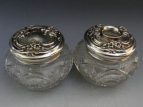 Glass Dresser Jar and Matching Hair Receiver Sterling Silver