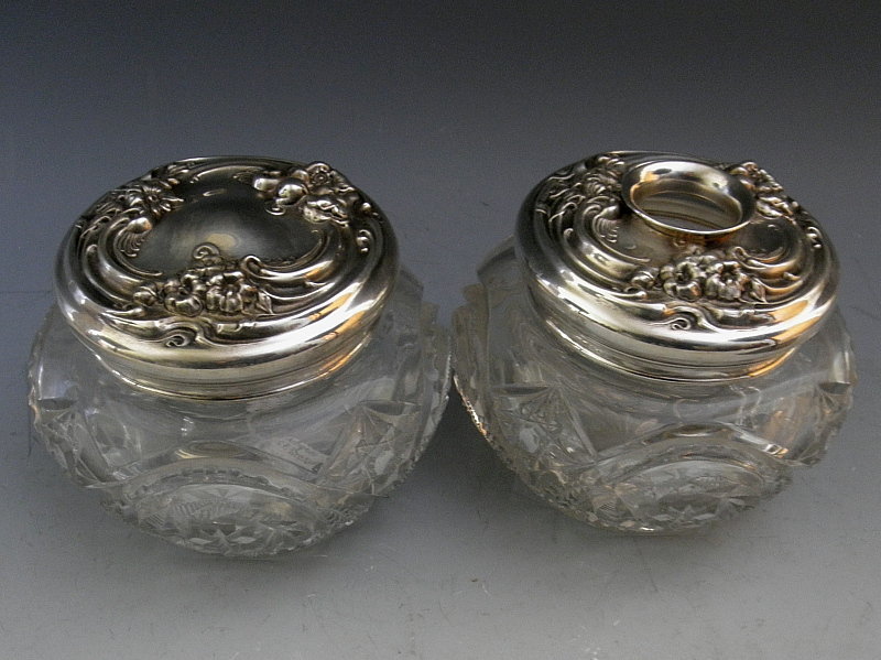 Glass Dresser Jar and Matching Hair Receiver Sterling Silver
