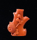Salmon Coral Tree Trunk w/ Carved Chrysanthemum Brooch Pin