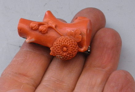 Salmon Coral Tree Trunk w/ Carved Chrysanthemum Brooch Pin
