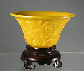 Imperial Chicken Fat Yellow Carved Peking Glass Wine Cup Bowl