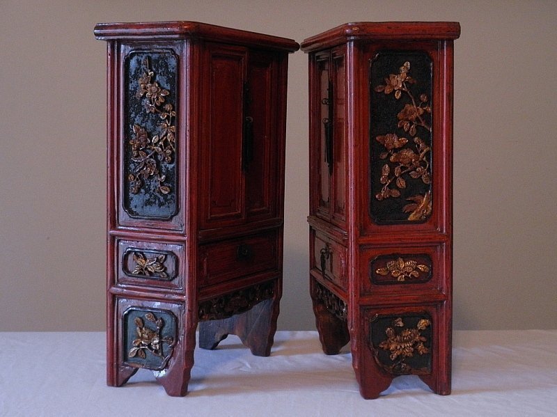 Antique Pair Red Lacquer Miniature Chinese Scholar's Cabinets, 19th C