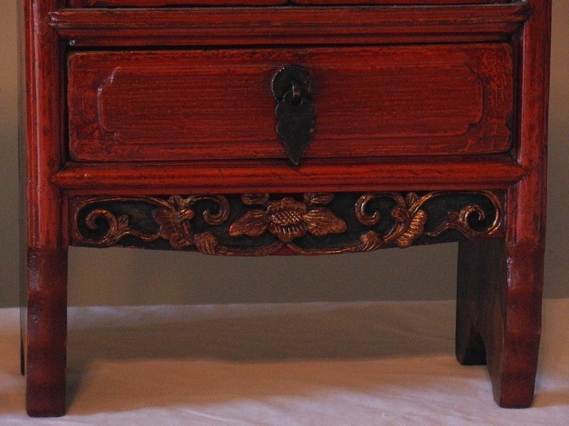 Antique Pair Red Lacquer Miniature Chinese Scholar's Cabinets, 19th C