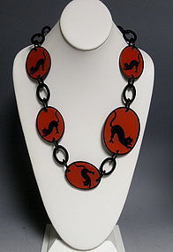 Vintage French Lucite Chain Link Runway Black Cat Necklace