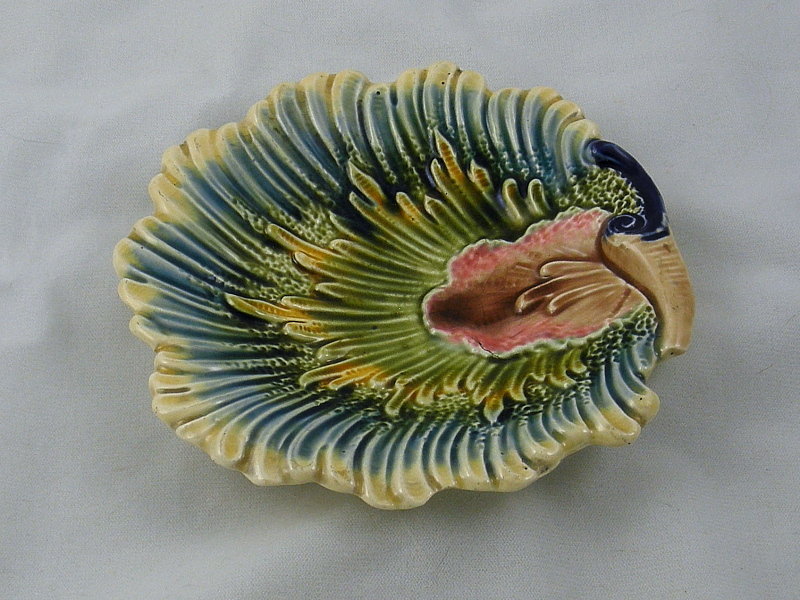 Antique French Majolica Glazed Shell Leaf Dish