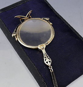 Engraved Silver Lorgnette with Nose Pads, Chain, and Case