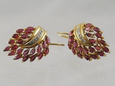 Natural Ruby and Diamond Pierced Earrings in 14 kt Yellow Gold