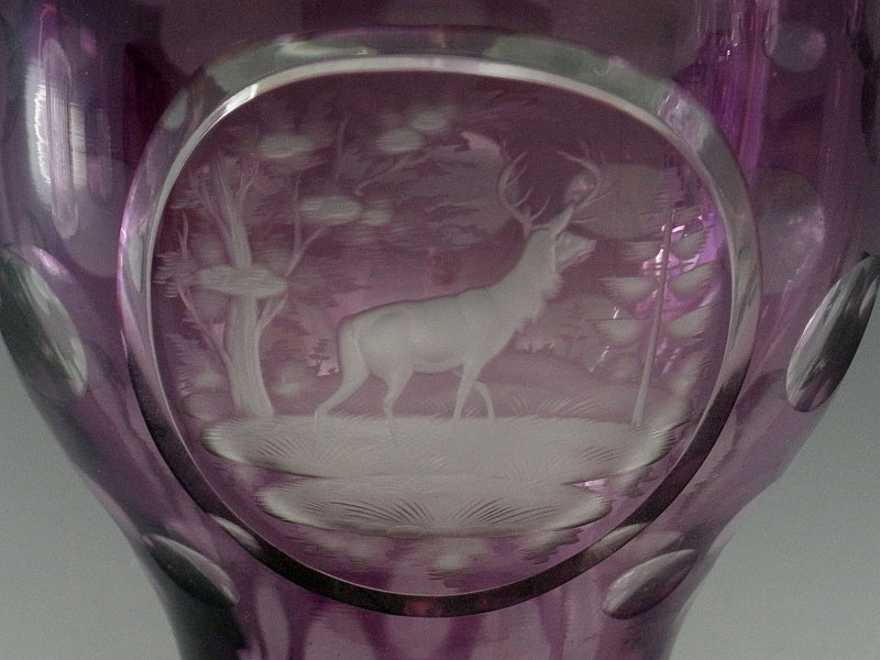 Antique Purple Bohemian Crystal Art Glass Etched Deer Scene Vase
