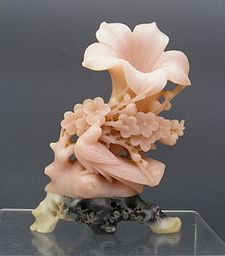 Chinese Pale Pink Soapstone Carving Lily with Bird