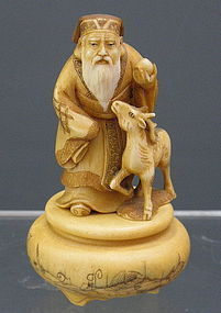 Small Ivory Okimono Jurojin Holding Peach Deer and Stand, Meiji/Taisho