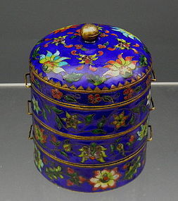 Antique Chinese Enamel Cloisonne Stacking Spice Box Blue