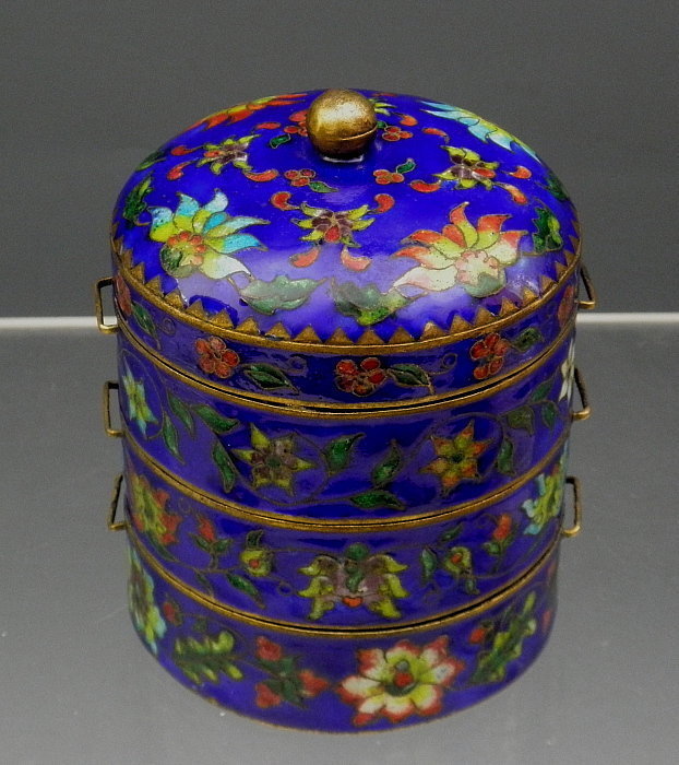 Antique Chinese Enamel Cloisonne Stacking Spice Box Blue