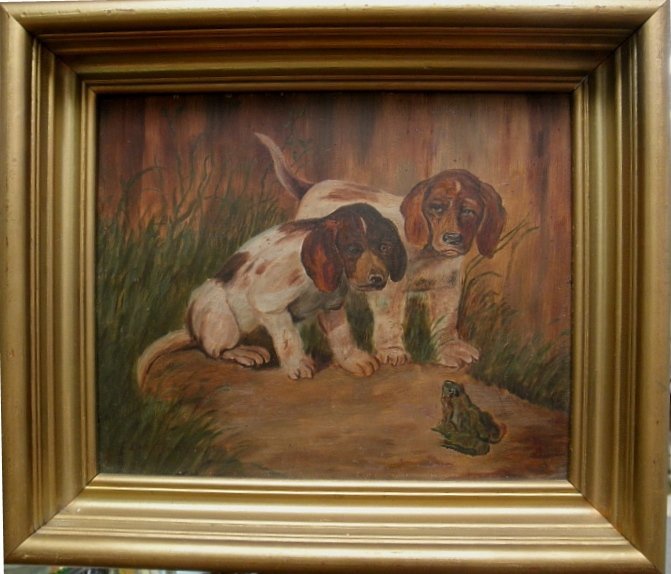 Antique American Folk Art Oil Painting of Puppies Frog, Signed Graham