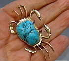 Vintage 14K Yellow Gold and Turquoise Crab Brooch with Ruby Eyes