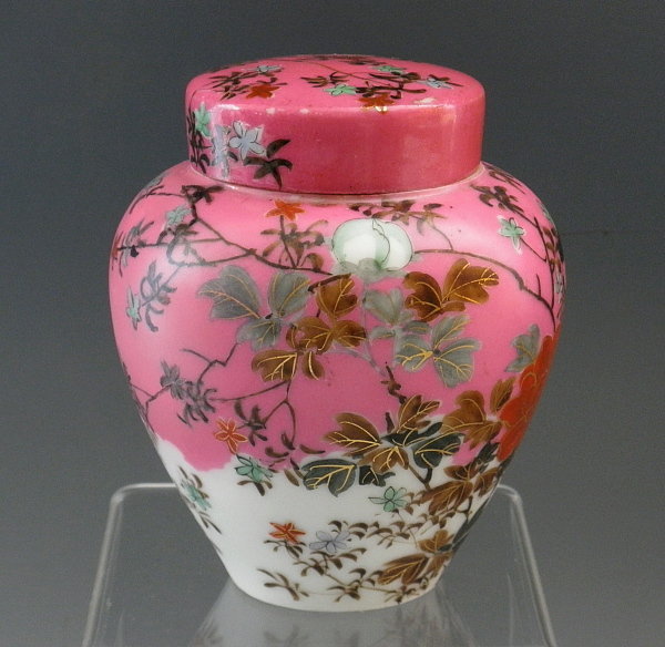 Japanese Porcelain Kutani Tea Caddy Jar  Pink with Birds, Meiji