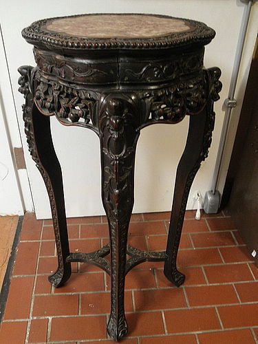 Chinese Rosewood Carved Wood Plant Stand with Marble Inset, 19th C