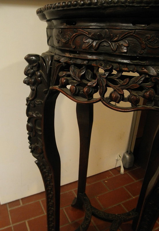 Chinese Rosewood Carved Wood Plant Stand with Marble Inset, 19th C