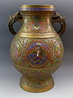Large Antique Japanese Champleve Bronze Urn Vase with Gold Gilt