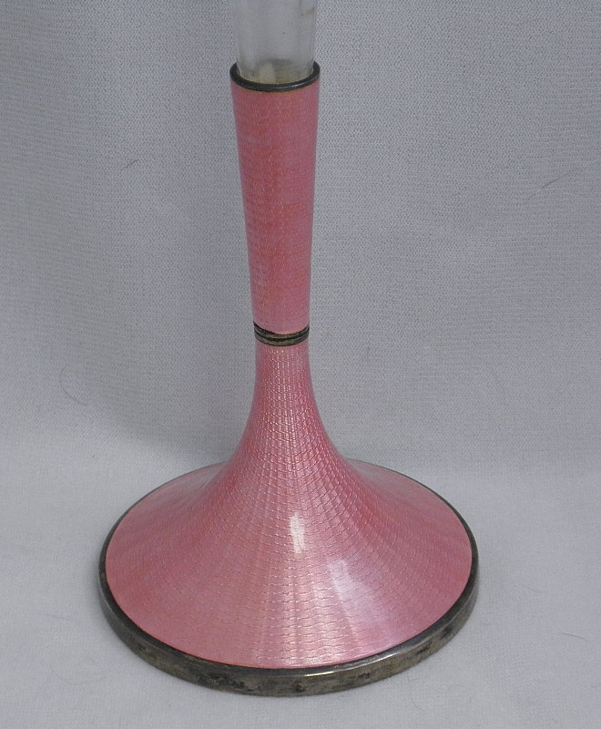 American Sterling Silver Pink Guilloche Cut Crystal Vase, Thomae Co