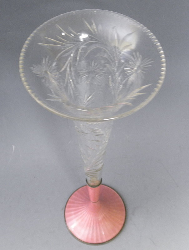 American Sterling Silver Pink Guilloche Cut Crystal Vase, Thomae Co