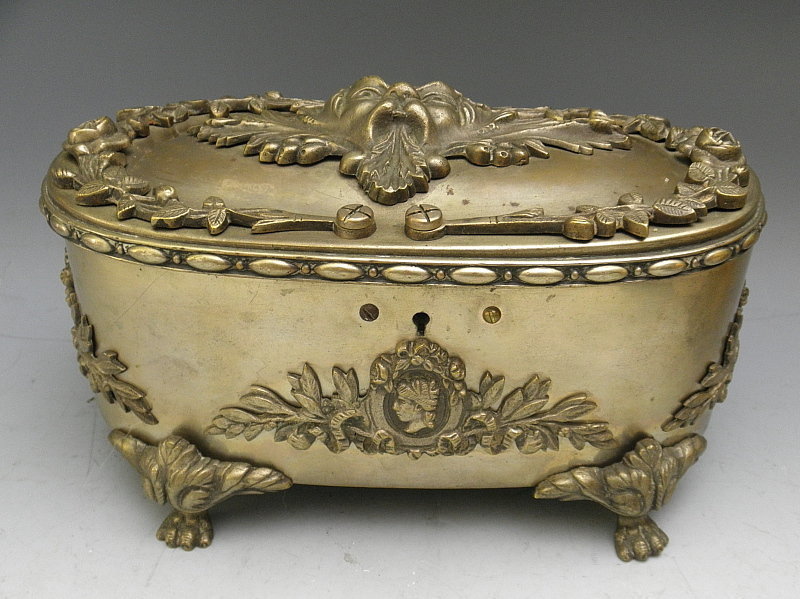 Large Heavy 19th C Footed French Bronze Casket Jewelry Box