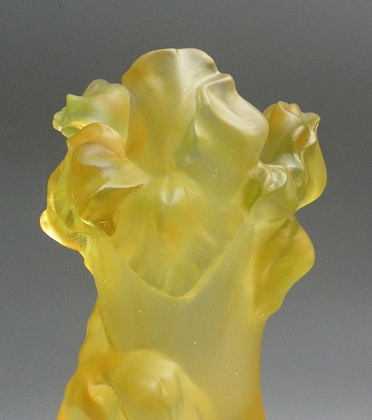 French Pate De Verre Art Deco Crystal Vase w/ Nude and Iris, Roubleff