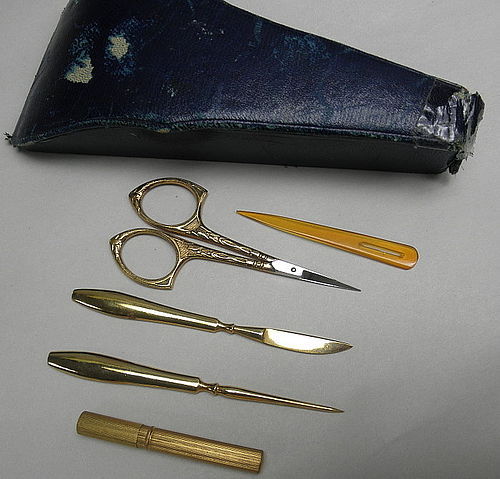 Vintage Sewing Kit with Original Blue Leather Case Gold Sissors