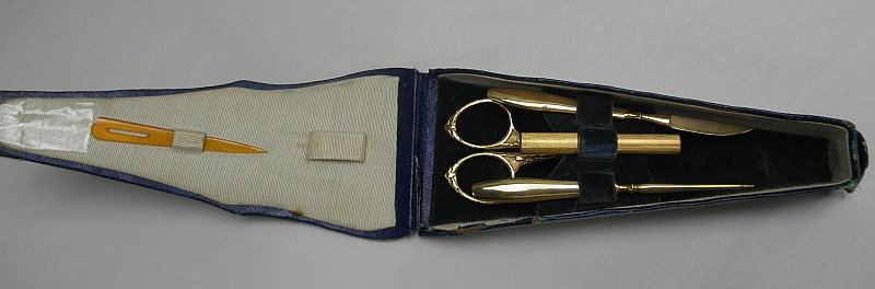 Vintage Sewing Kit with Original Blue Leather Case Gold Sissors