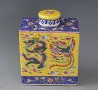 Chinese Porcelain Yellow Tea Caddy with Dragon and Phoenix
