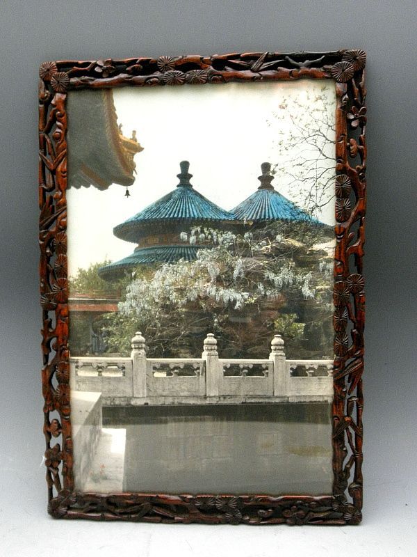 Double Ring Longevity Pavilion Hand Tinted Photo Carved Wood Frame