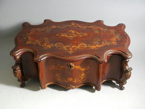 Antique French Inlaid Wood Jewelry Box Casket with Key