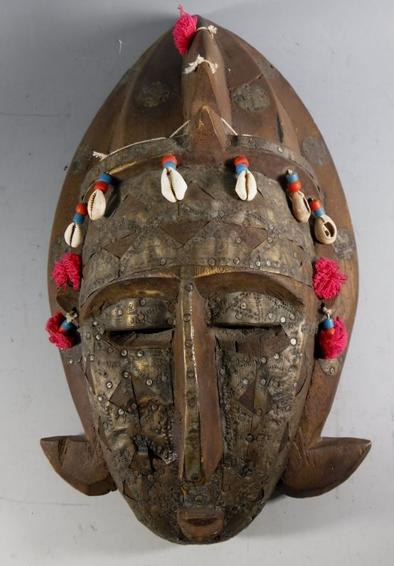 Old African Mali Tribal Mask Ivory Coast Wood, Brass, Shell