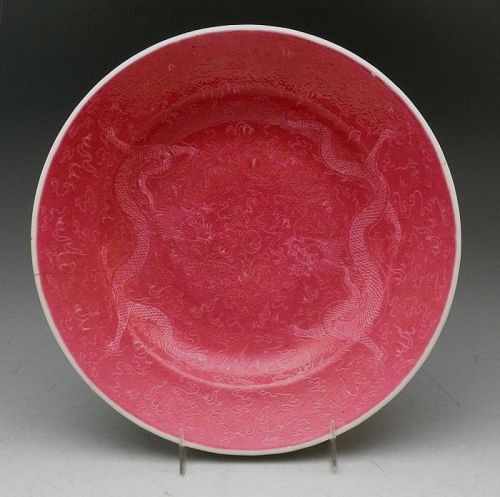 Old Chinese Famille Rose Pink Sgraffiato Dragon Porcelain Dish