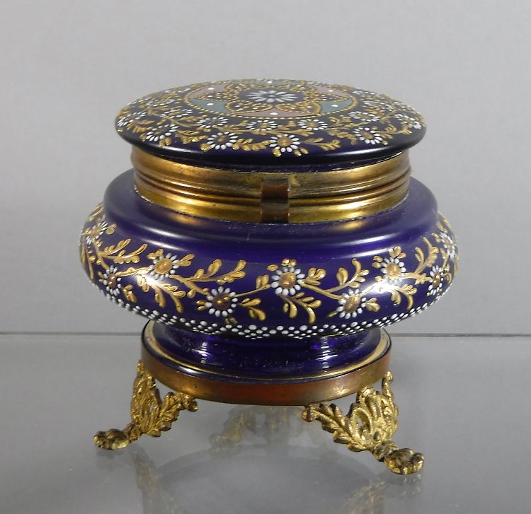 Moser Cobalt Glass Footed Round Hinged Box With Ormolu Mounts