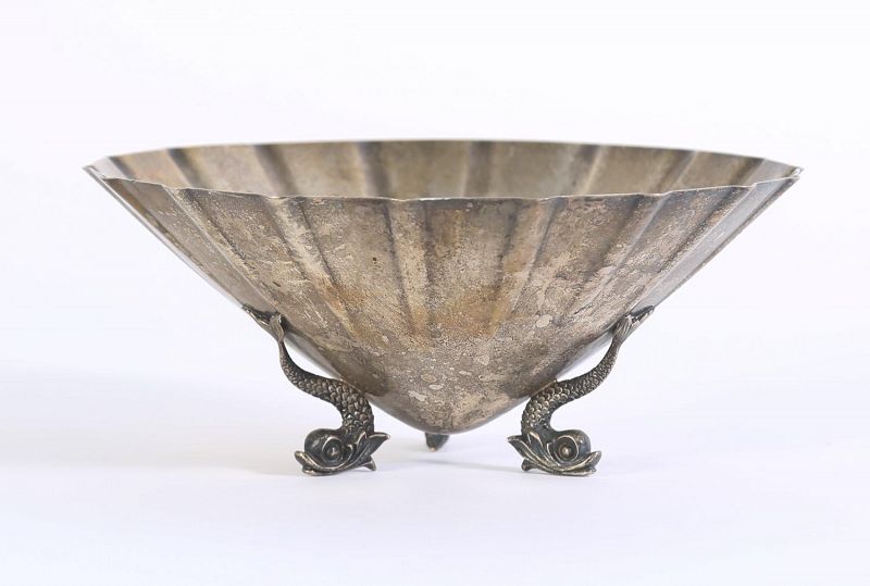 American Tiffany Fluted Bowl with 3 Dolphin Feet, Circa 1940