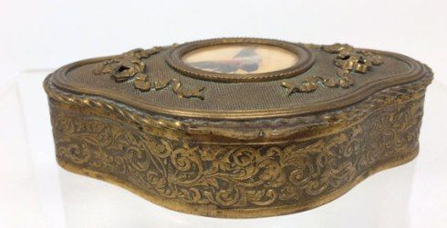 Antique Bronze French Dresser Jewelry Trinket Box with Rooster