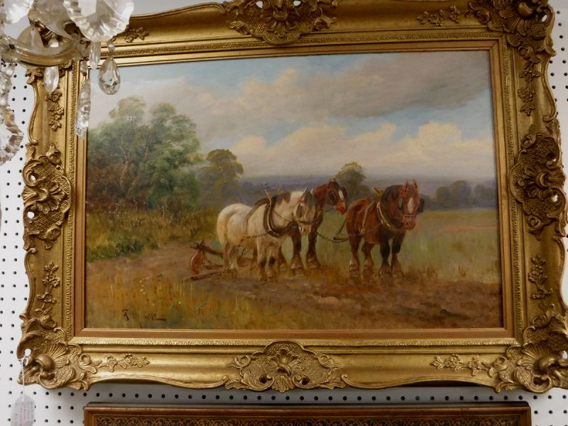 Antique Oil on Canvas Farm Landscape w Horses, Signed G. Melville