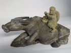 Chinese Stone Carving of Boy Playing Flute on Buffalo Sculpture
