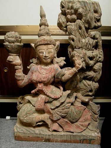 Large Burmese Myanma Antique Wood Dancing Nat Statue