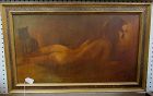 Oil on Board Painting of Reclining Nude Woman with Black Cat