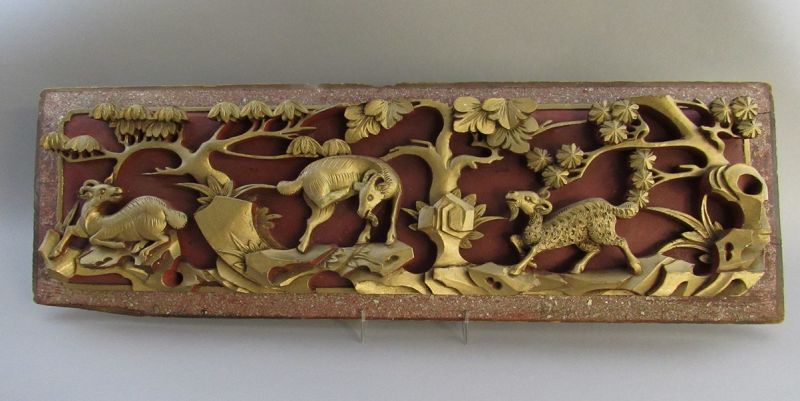 Long Old Chinese Carved Wood Panel with 3 Goats Sheep